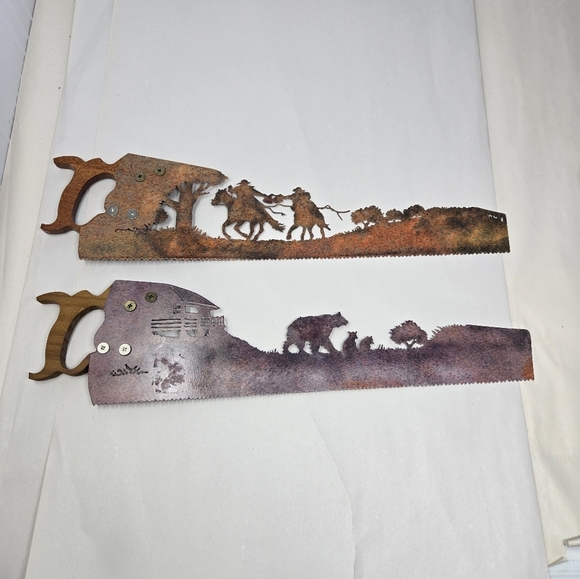 2 Decorative Hand Saws Silhouette Cowboys & Family Of Bears-Cabin Rusted Patina - Picture 6 of 16